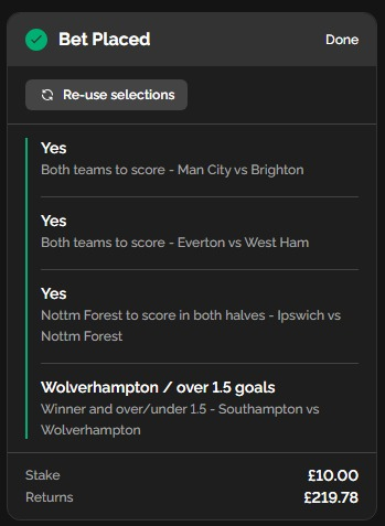 BetWorldCup2026's tweet photo. DAILY FOOTBALL ACCA! β½οΈ
πΈ 20/1
MANCHESTER CITY - BRIGHTON (BTTS)
EVERTON - WEST HAM (BTTS)
IPSWICH - NOTTINGHAM FOREST (FOREST TO SCORE IN BOTH HALVES)
SOUTHAMPTON - WOLVES (WOLVES WIN AND OVER 1.5 GOALS)
#MCIBRI #EVEWHU #IPSNFO #SOUWOL https://t.co/1wp0pa2BIq