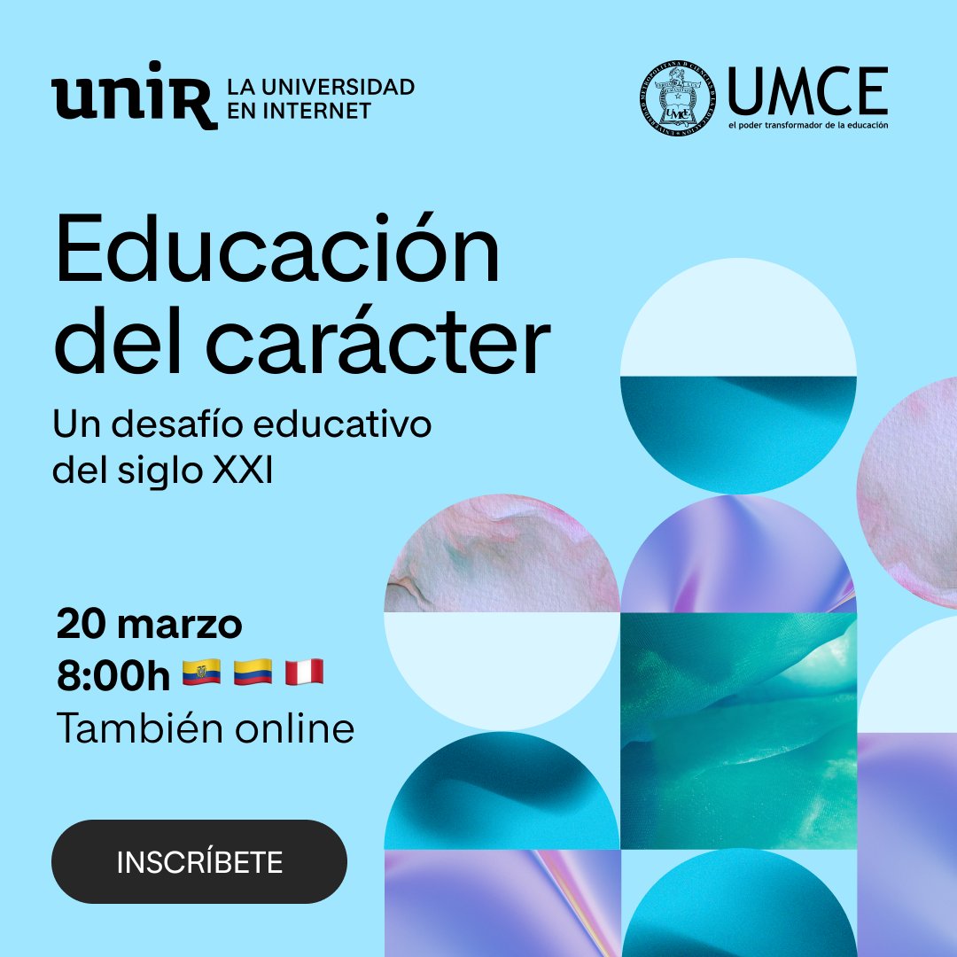 UNIR_Colombia's tweet photo. 📣 Únete al Seminario internacional #EducaciónDelCarácter de #UNIR y @umcecl, donde descubriremos cómo la #Educación puede transformar a los jóvenes.
🔔 ¡Inscríbete aquí! 👉 https://t.co/JfIVZ5Tppq
📍Desde #Chile 🇨🇱 con destacados ponentes. 🔝
#charactereducation #umce https://t.co/weOsMpIWHj