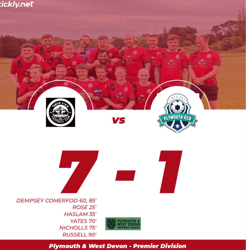 Tamar View 7-1 Plymouth Eco 🔴⚫️

Dempsey Comerford ⚽️⚽️
Haslam ⚽️
Rose ⚽️
Yates ⚽️
Nicholls ⚽️
Russell ⚽️

⭐️Match report to follow ⭐️