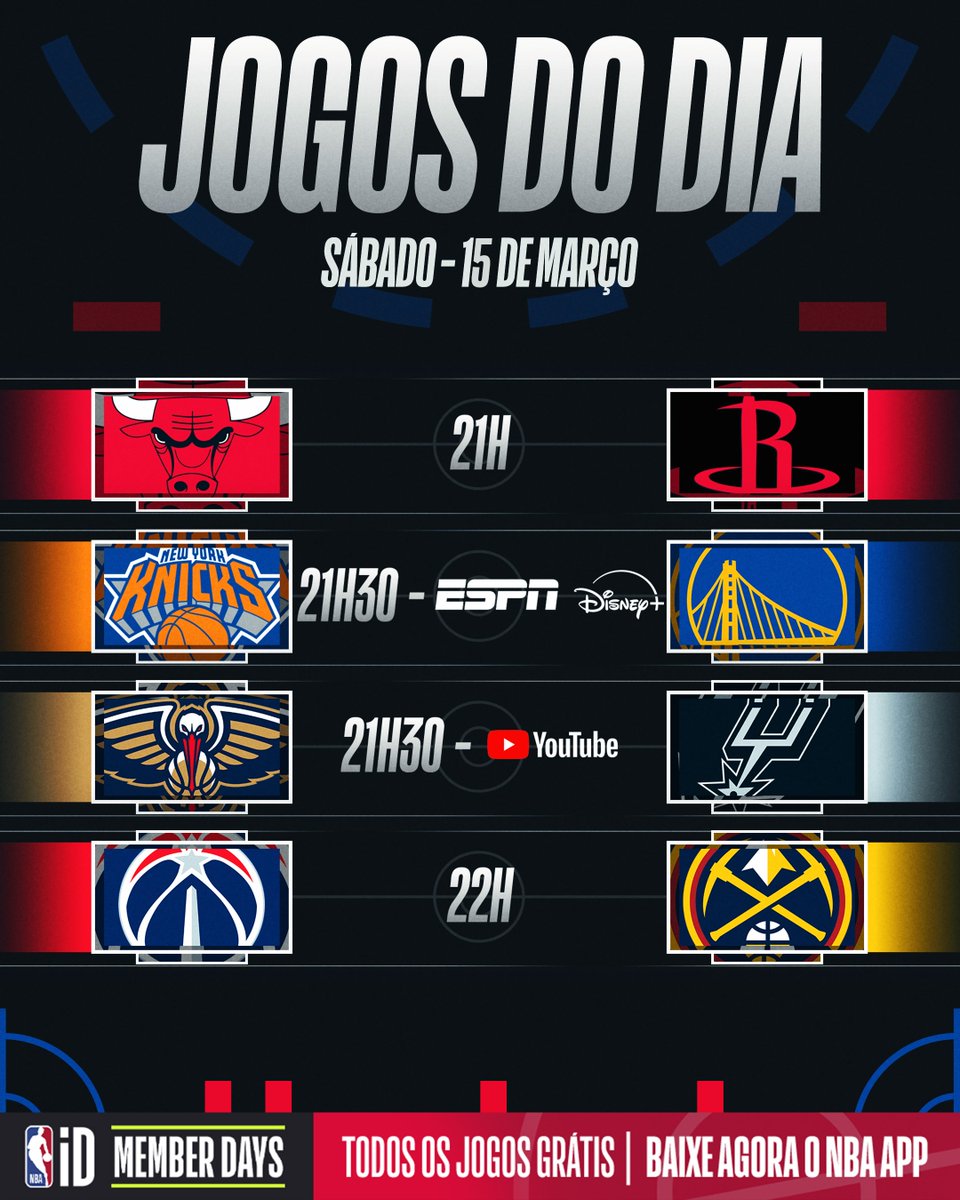 NBABrasil's tweet image. Confira os duelos da rodada deste sábadão! 🏀 

Lembrando que a rodada toda será DE GRAÇA no NBA APP! Basta baixar o APP, criar seu NBA ID e curtir os duelos. 

LINK: nbabrasil.info/NBAAPPfb

#AgendaNBA #MemberDays #NBAAPP