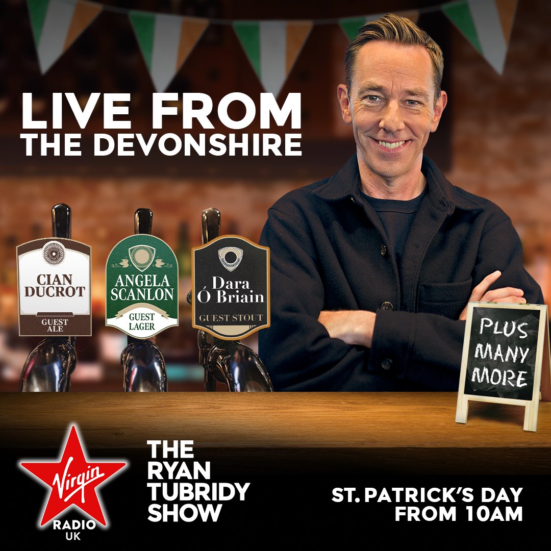 Join the Ryan Tubridy Show for a very special St Patrick's Day show LIVE from The Devonshire 🍀

🎶 Music from <a href="/Cian_ducrot/">Cian Ducrot</a> + laughs galore with <a href="/daraobriain/">Dara Ó Briain</a> &amp; <a href="/angelascanlon/">Angela Scanlon</a>!

MONDAY FROM 10am 📻
Listen at virginradio.co.uk