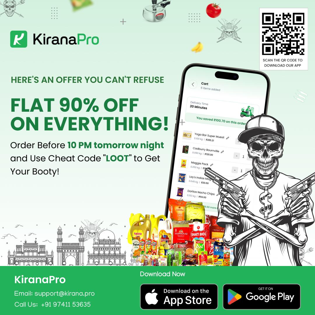 kirana_pro's tweet image. 📢 HERE'S AN OFFER YOU CAN'T REFUSE
💥 *90% OFF ON EVERYTHING!* 💥

Unlock 90% OFF on everything on *KiranaPro* app with Cheat Code "*LOOT*"! 🏴‍☠️ But act fast — this offer disappears at *10 PM SUNDAY NIGHT*! ⏰⏳

#KiranaPro #LootOffer #Discounts #SuperSavings #ShopNow #ShopLocal