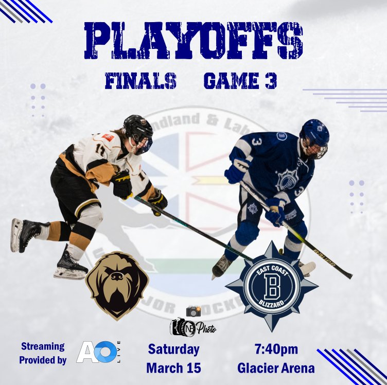 It's Game 3 of the <a href="/NLU18MHL/">NLU18MHL</a> Finals as the Blizzard host <a href="/AAAGrowlers/">O'Neill Nissan U18 AAA Growlers</a>. Blizzard lead the best-of-seven series 2 games to 0. Puck drop just after 7:30 tonight at the Glacier. #BlizzardWarning 
See the best young hockey players in the province!
Stream at ao.live/ecb