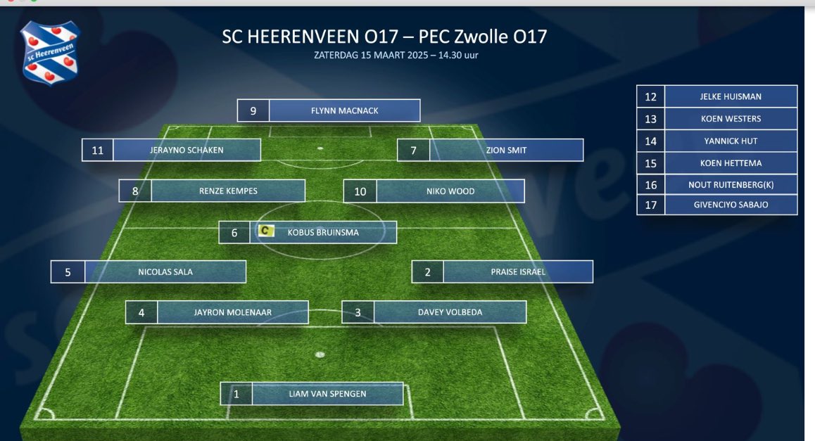 sch_akademy's tweet photo. Vandaag sc Heerenveen O17 tegen PEC Zwolle O17.
Dit is de opstelling:
#O17 https://t.co/zq4TafzQcD