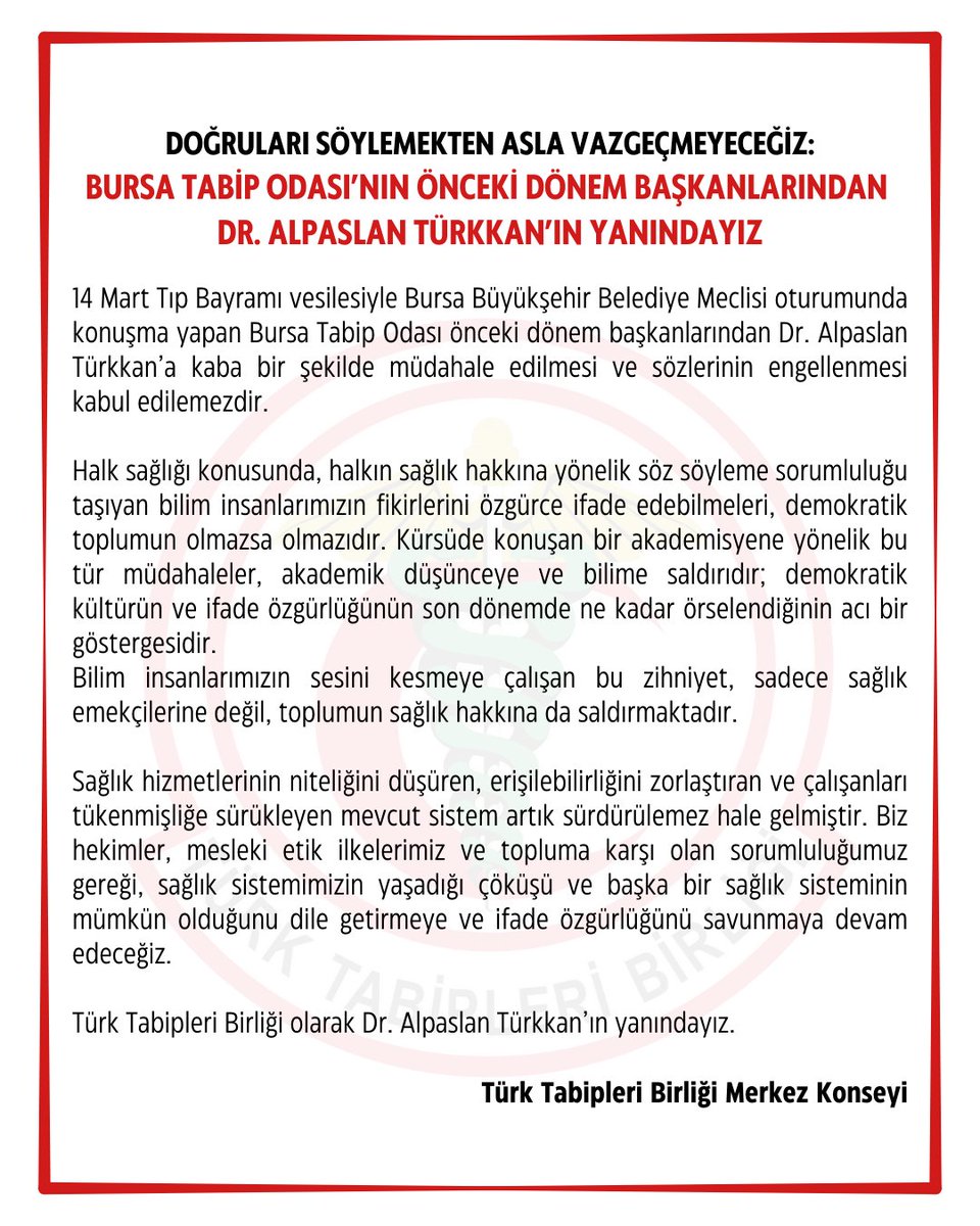 Doğruları Söylemekten Asla Vazgeçmeyeceğiz:
Bursa Tabip Odası’nın Önceki Dönem Başkanlarından Dr. Alpaslan Türkkan’ın Yanındayız

👇
ttb.org.tr/425ykt9
