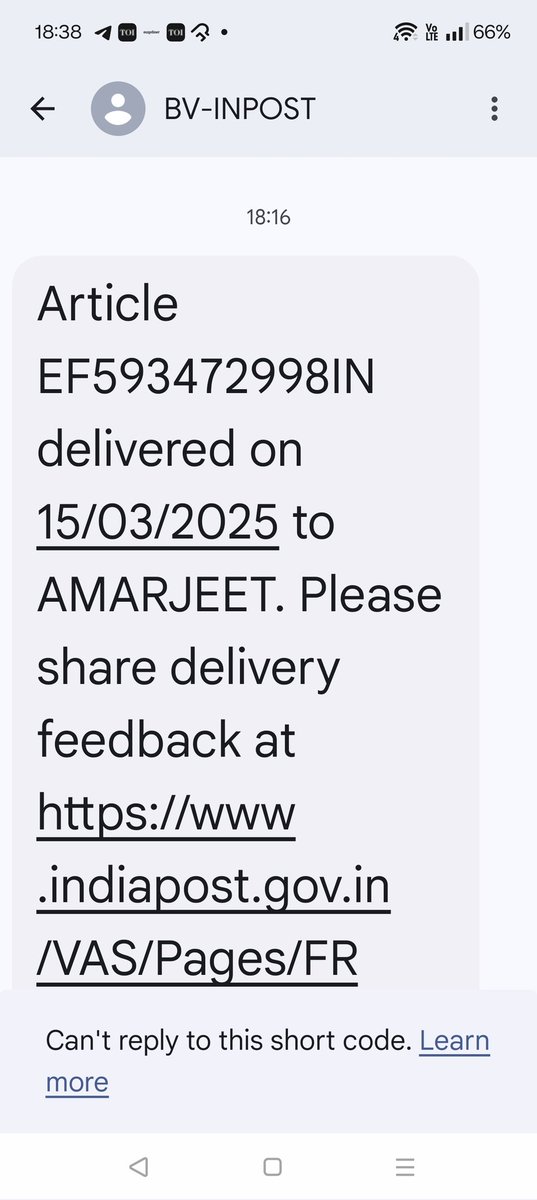 AMARJEEIN's tweet photo. @IndiaPostOffice Speed post is undelivered to me but you have sent the update of speed post to be delivered. 
Multiple complaints of such undelivered packets marked as delivered in the system from the residents of high rise societies. Case of dps ghaziabad 
@Officejmscindia https://t.co/t2PjAZKsLF