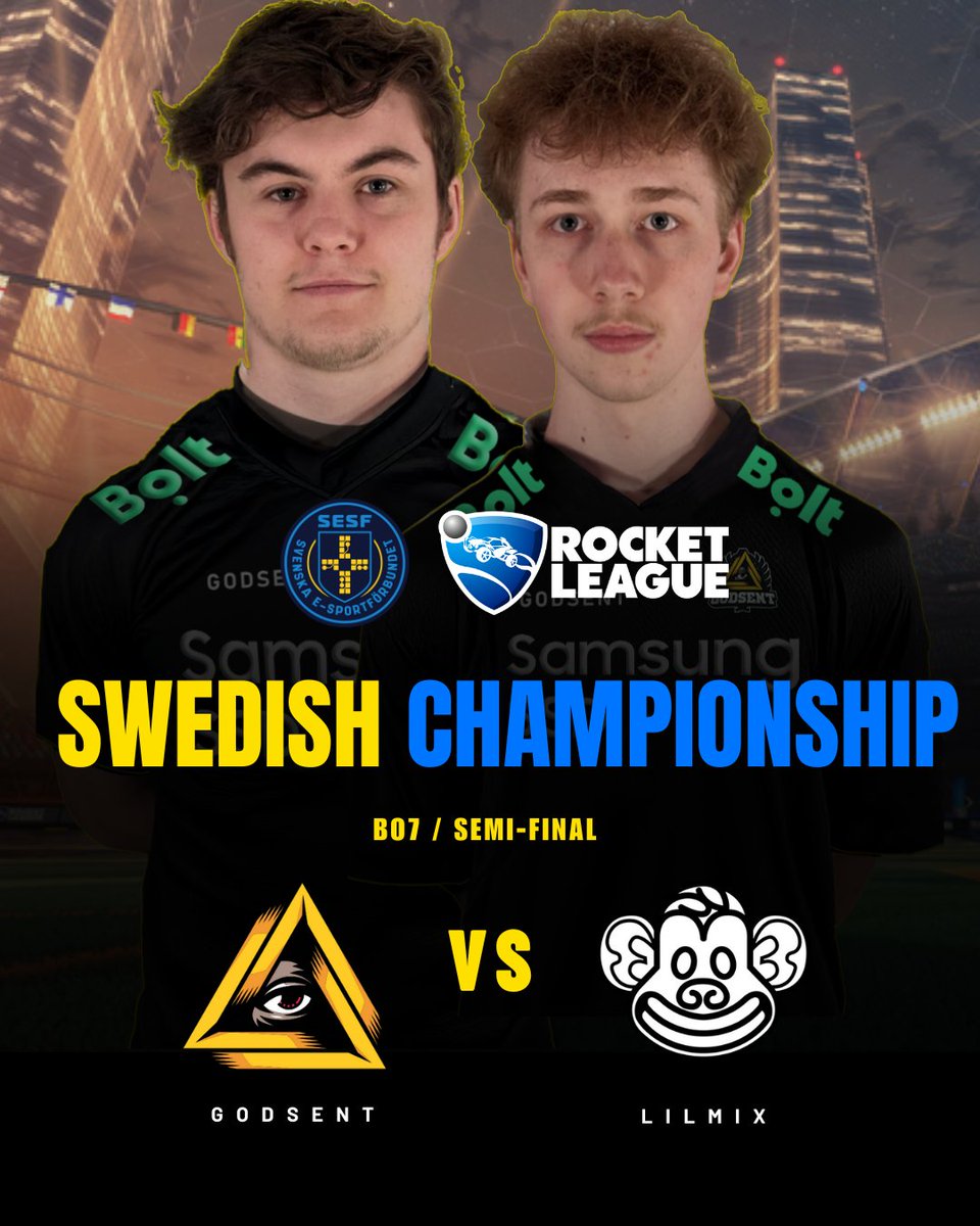 GODSENT (@godsent) on Twitter photo The Rocket League gods will soon start their run in the <a href="/svenskesport/">Svenska E-sportförbundet</a> Swedish Championships 🇸🇪👑 They kick off with a Bo7 semi-final against <a href="/Lilmixgg/">Lilmix Esports</a> 🤝 GLHF. #godmode
Match is set to begin at CET 15.15.
🇸🇪📺 twitch.tv/svenskesport The Rocket League gods will soon start their run in the <a href="/svenskesport/">Svenska E-sportförbundet</a> Swedish Championships 🇸🇪👑 They kick off with a Bo7 semi-final against <a href="/Lilmixgg/">Lilmix Esports</a> 🤝 GLHF. #godmode
Match is set to begin at CET 15.15.
🇸🇪📺 twitch.tv/svenskesport