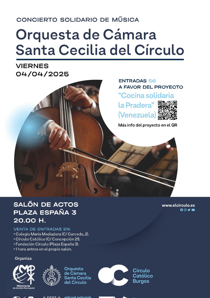 OrquestaSa49330's tweet photo. 【Concierto Solidario de Música】
Viernes 4 de Abril
A las 20:00h
@Salón de Actos Plaza España 3

*Venta de entradas 5€
Colegio Maria Mediadora
Círculo Católico
Fundación de Círculo 
1 hora antes en el propio salón https://t.co/bfM8Tq2gm7