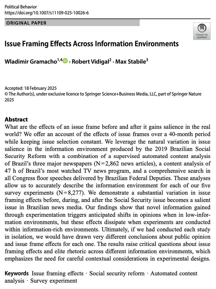 Excited to share a new <a href="/PolBehavior/">Political Behavior</a> piece in co-authorship with my colleagues. 

1/ We explore the effects of issue framing *before, during, and after* a political issue becomes salient in the information environment. Here’s a breakdown of our 40-month analysis.
