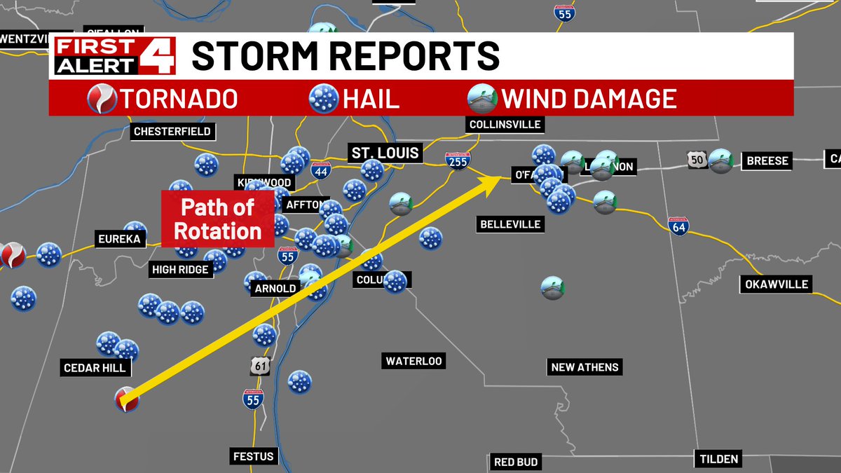 WeatherChambers's tweet photo. How many tornadoes touched down in our area Friday? My initial analysis shows at least 4 tornado tracks, but there are likely more as some of these twisters probably lifted and touched down again.
Check out these four images for general locations.
#stlwx #FirstAlert4 @KMOV https://t.co/J0h5qA465h