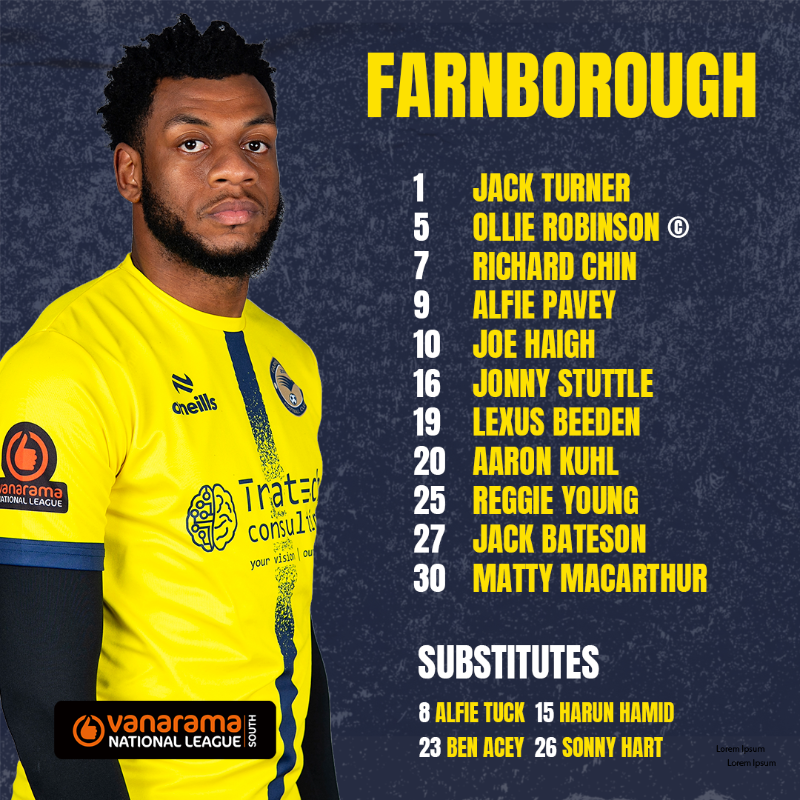 FarnboroughFC's tweet photo. 📝 Your #FarnboroughFC starting line-up to take on The Wings!

📻 https://t.co/tAVEIFJgO7 https://t.co/OTjUbJwXOU