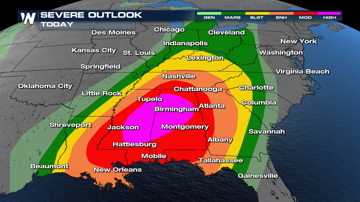 BrittanyLockley's tweet photo. This year's first HIGH risk of severe storms is issued for today from the Storm Prediction Center. A tornado outbreak is expected this afternoon and evening across the deep South and the TN Valley. Numerous Significant tornadoes will be possible. https://t.co/1ypfXufEs2