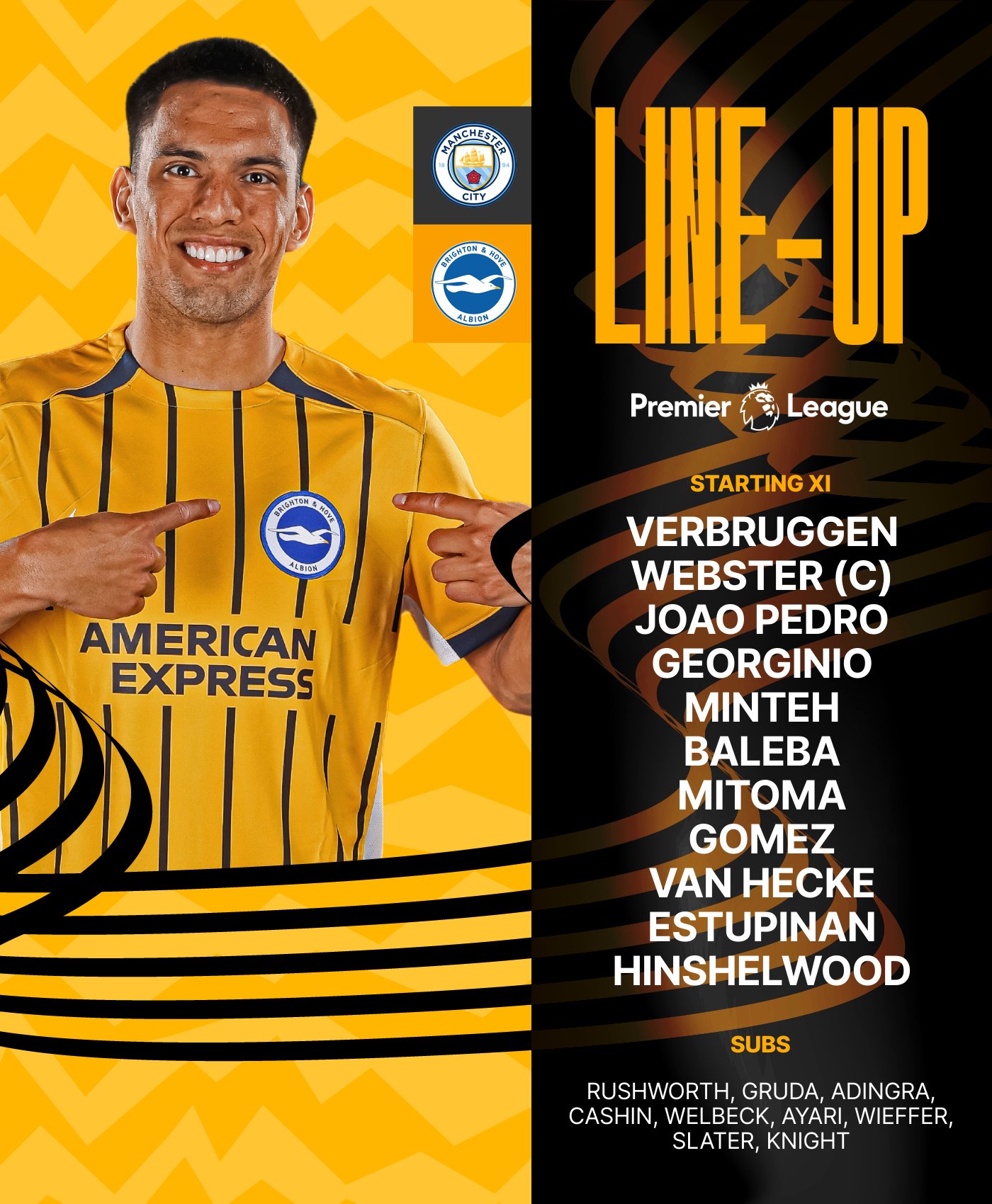 Man City v Albion starting XI graphic featuring Diego: Verbruggen, Webster (C), Joao Pedro, Georginio, Minteh, Baleba, Mitoma, Gomez, van Hecke, Estupinan, Hinshelwood. 

Come on Albion!