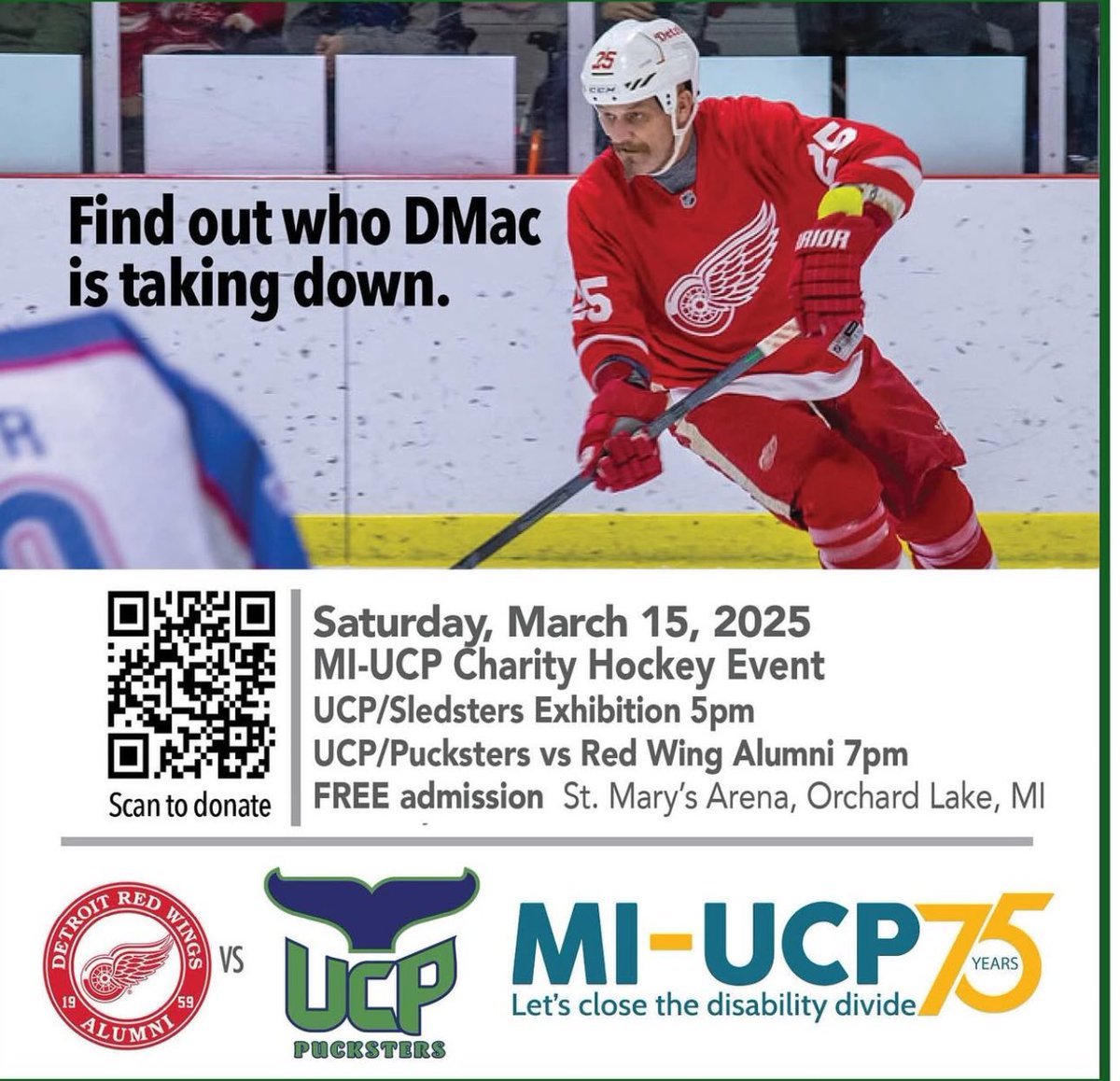 Exciting night at St. Mary’s Arena in Orchard Lake! 

I’m skating in a game with the Detroit Red Wings Alumni to benefit <a href="/MI_UCP/">MI-UCP</a>. Join us at 7 p.m.!