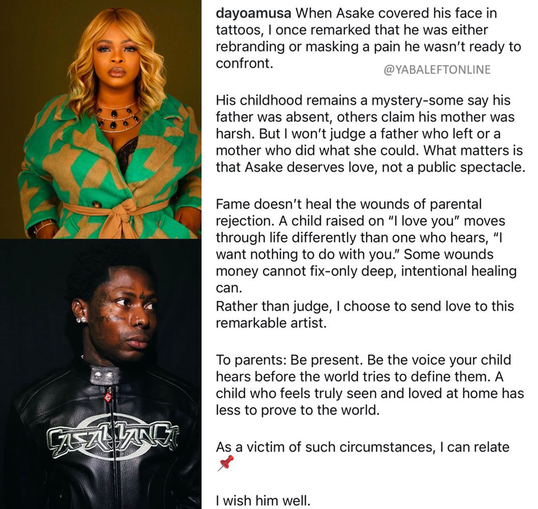 yabaleftonline's tweet image. When Asake covered his face in tattoos, I knew he was either rebranding or masking a pain he wasn't ready to confront - Actress Dayo Amusa writes.