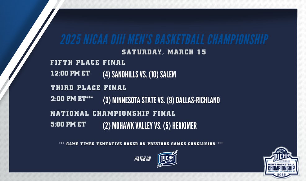 NJCAA Basketball (@njcaabasketball) on Twitter photo 🏆Trophy Time in Herkimer, NY!
The final day of the 2025 #NJCAABasketball DIII Men's Championship is here. Tune in on the <a href="/NJCAANetwork/">NJCAA Network</a> for all the action.
📺njcaa.org/network/landin…
💻njcaa.org/championships/… 🏆Trophy Time in Herkimer, NY!
The final day of the 2025 #NJCAABasketball DIII Men's Championship is here. Tune in on the <a href="/NJCAANetwork/">NJCAA Network</a> for all the action.
📺njcaa.org/network/landin…
💻njcaa.org/championships/…