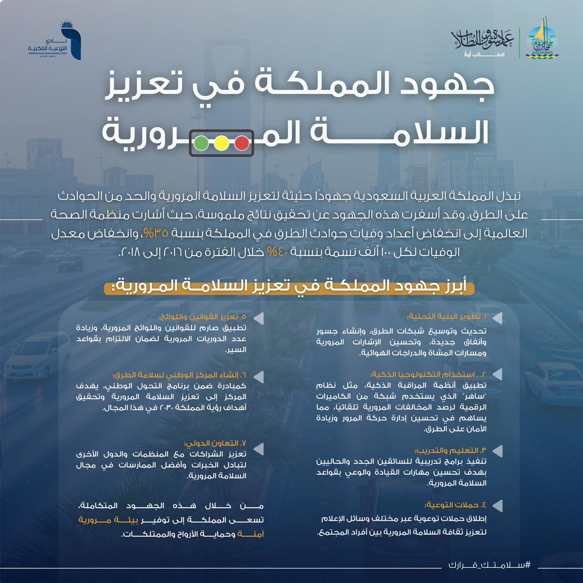 تبذل المملكة العربية #السعودية جهودا حثيثة لتعزيز السلامة المرورية وقد أسفرت هذه الجهود تحقيق نتائج ملموسة. 

#جامعة_جازان #عمادة_شؤون_الطلاب 
#سلامتك_قرارك
#أسبوع_المرور_الخليجي_الموحد