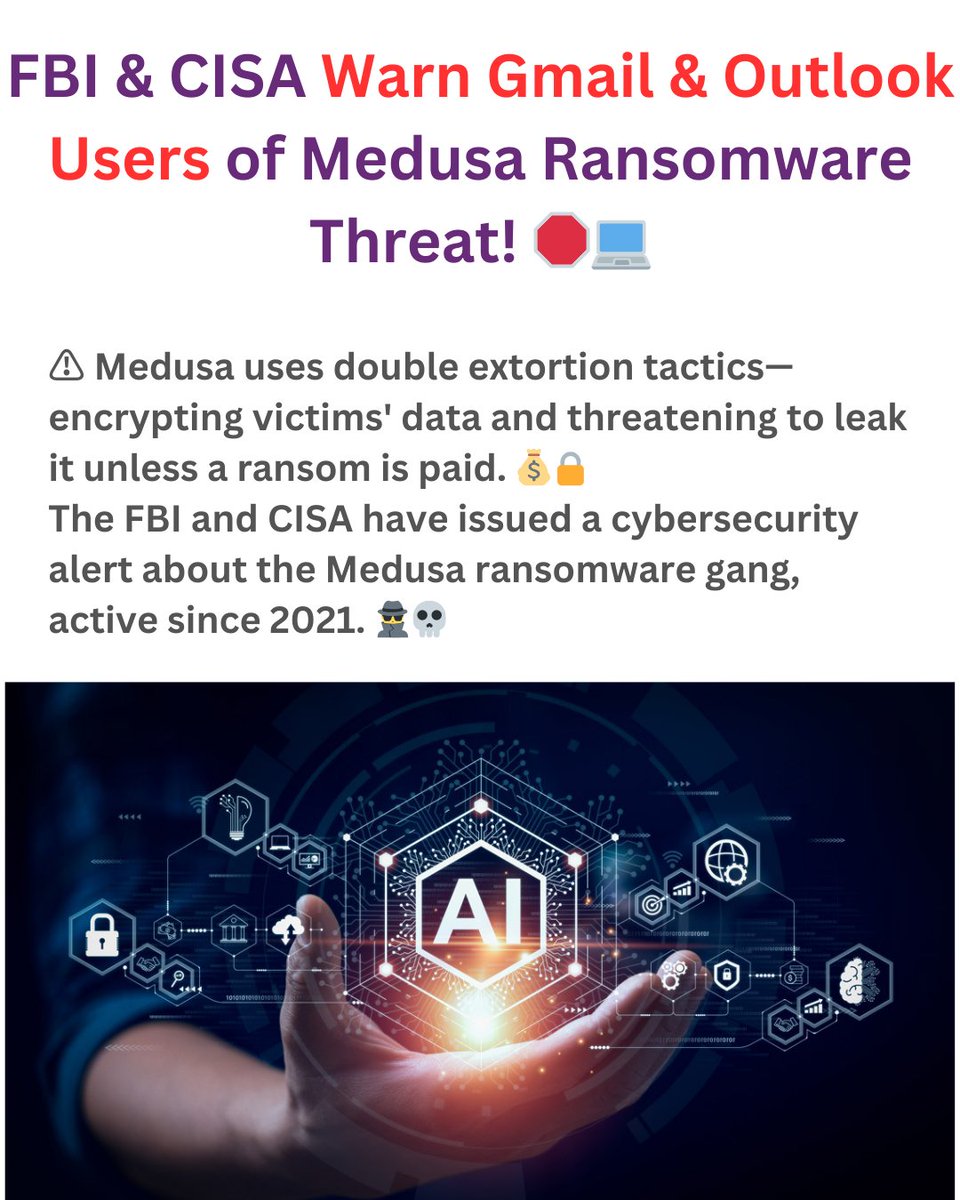 rareinfinitive's tweet photo. Stay Safe! ➡️ Avoid suspicious emails, enable two-factor authentication, and back up your data.
#CyberAlert #MedusaRansomware #FBIWarning #GmailSecurity #OutlookSecurity #StaySafeOnline #CyberThreat #DataProtection #OnlineSafety #rareinfinitive #TrendingNow #BreakingNews https://t.co/4OZgnCQByL