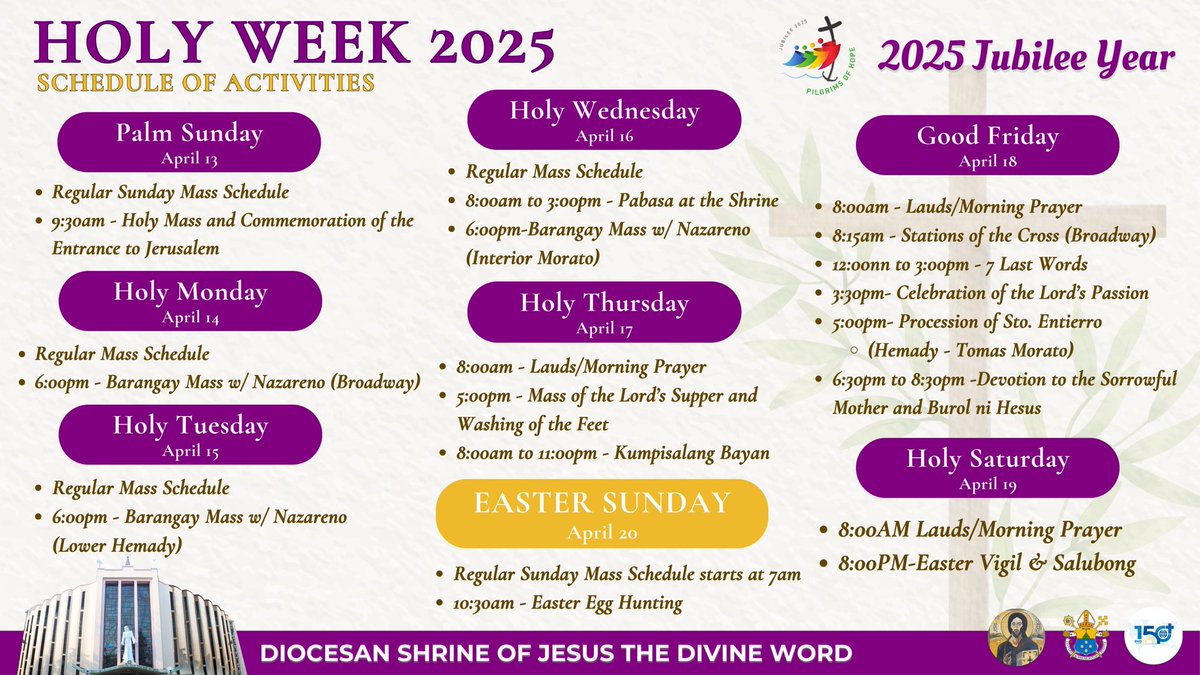 WORDinUS's tweet photo. Join us as we journey through the holiest week of the year at the Diocesan Shrine of Jesus the Divine Word!

#HolyWeek2025 #PilgrimsOfHope
#SVD #DSJDW #DivineWord
#WitnessToTheWord #SVDmission 
#FromEverywhereForEveryone #SVD150 https://t.co/AVJG2D8vxF