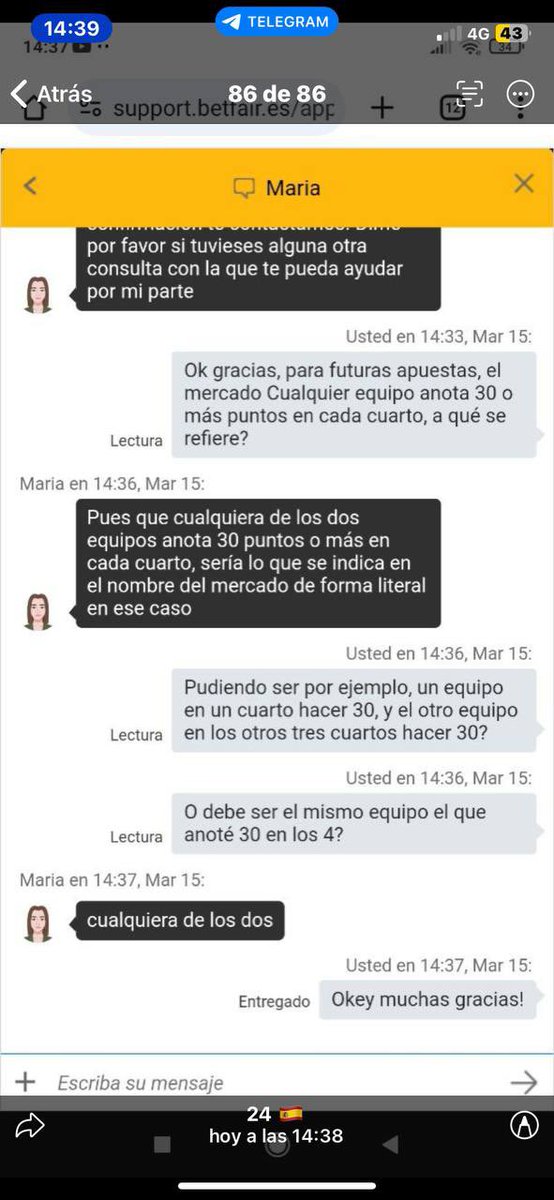 Una de vuestras agentes ha confirmado la literalidad de la apuesta reconociendo claramente y sin ningún género de duda, que es ganadora, por lo tanto, lo único que os queda ahora es rectificar, darla como ganada y pagar a todos los afectados <a href="/Betfair_ES/">Betfair España</a>