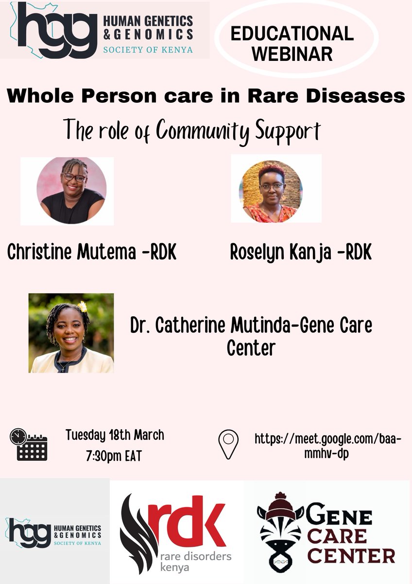 hgg_ke's tweet image. Meet Our Webinar Speakers!

👩🏽‍⚕️ Dr. Catherine Mutinda-Pediatric Clinical Geneticist
🎗 @RareDiseaseKE- Patient led advocacy group

We'll discuss:
🔬 Why early diagnosis is crucial
💙 How we can support rare disease families

📍 Register now: forms.gle/F8G8kZcG2pMCzB…
#supportrare