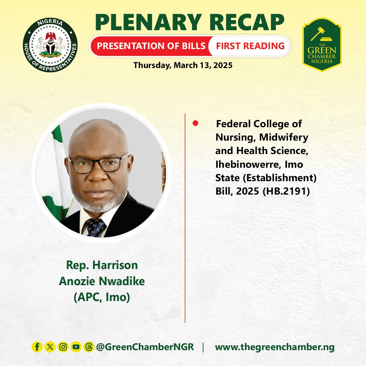 HouseNGR's tweet photo. Presentation of Bills (First Reading)
Thursday, March 13, 2025
#HouseNGR #NewBillsFriday #BillsPresentation #FirstReadingBills https://t.co/0rLTapksl0