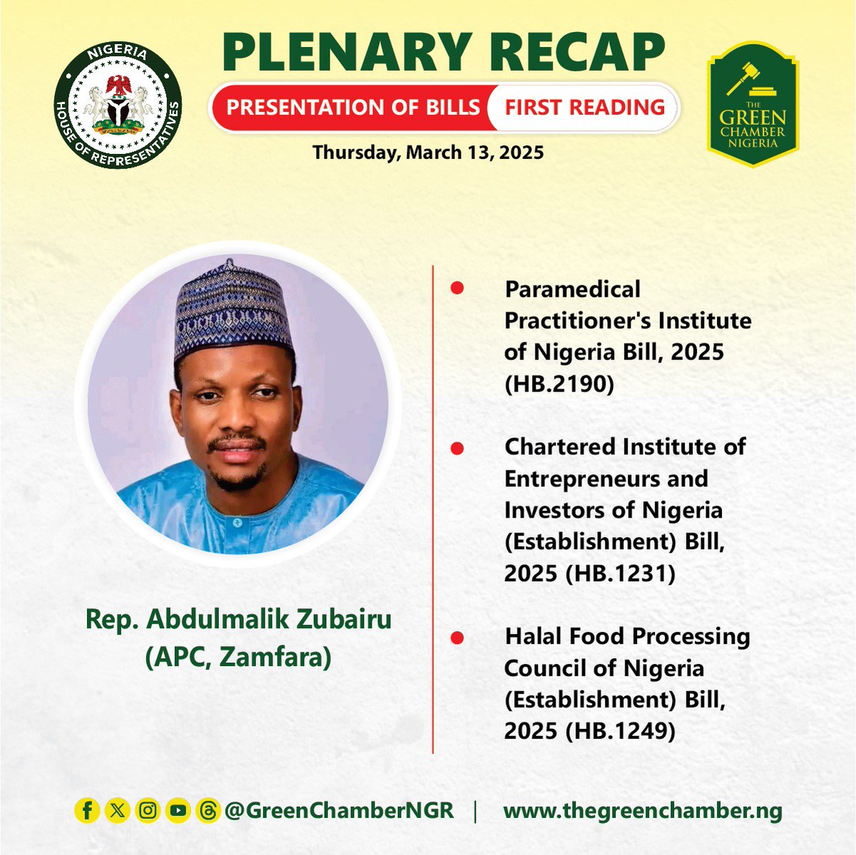 HouseNGR's tweet photo. Presentation of Bills (First Reading)
Thursday, March 13, 2025
#HouseNGR #NewBillsFriday #BillsPresentation #FirstReadingBills https://t.co/0rLTapksl0