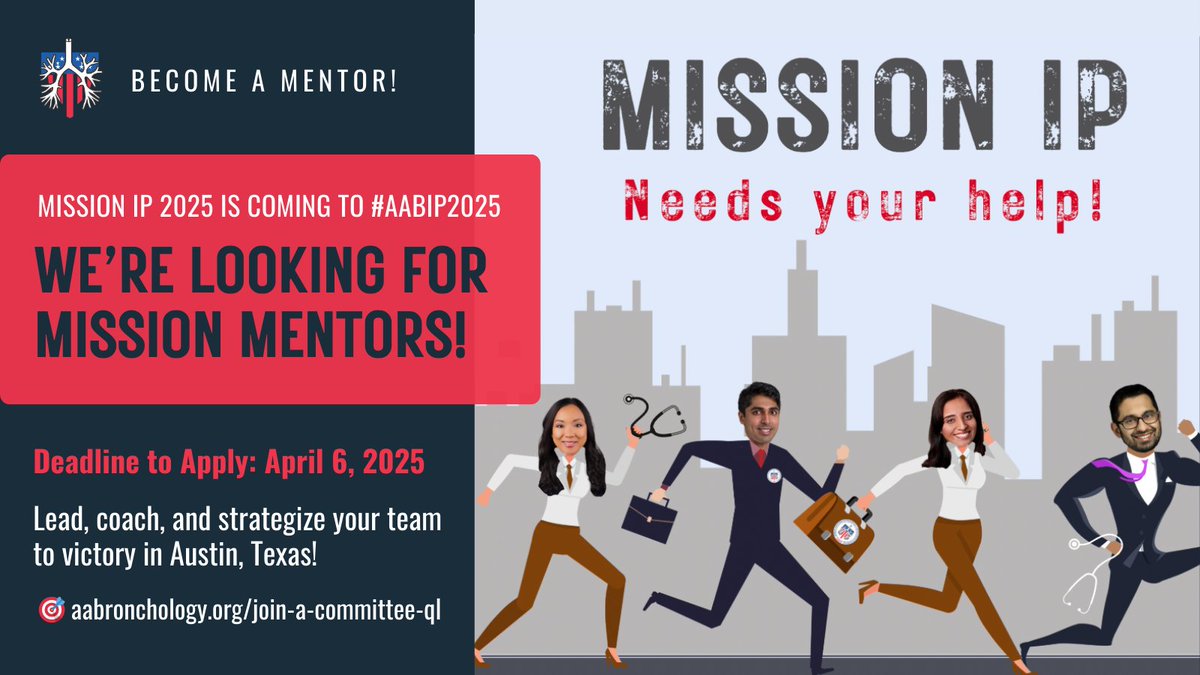 Mission IP is coming to #AABIP2025 🔎
Lead, coach &amp; strategize your team to victory as a Mission Mentor!

✅ Recruit top fellows
✅ Provide expert coaching
✅ Enjoy perks like discounted registration &amp; prizes

Deadline: April 6, 2025 🔗 Visit aabronchology.org/join-a-committ…