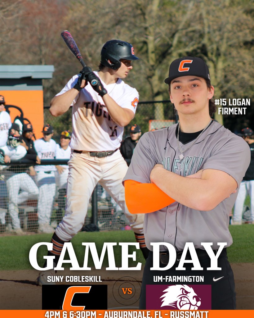CobyAthletics's tweet photo. Conference Opener ‼️

@CobleskillBase has their first NAC doubleheader tonight against UMaine-Farmington starting no at 4 PM down at the RussMatt in Auburndale, FL.

🆚 UMaine-Farmington (0-2)
⌚️ 4 PM &amp; 6:30 PM
📍 Auburndale, FL
🎥 Live Stream Available 

#OneCoby #d3baseball https://t.co/dNSpBRLVt3