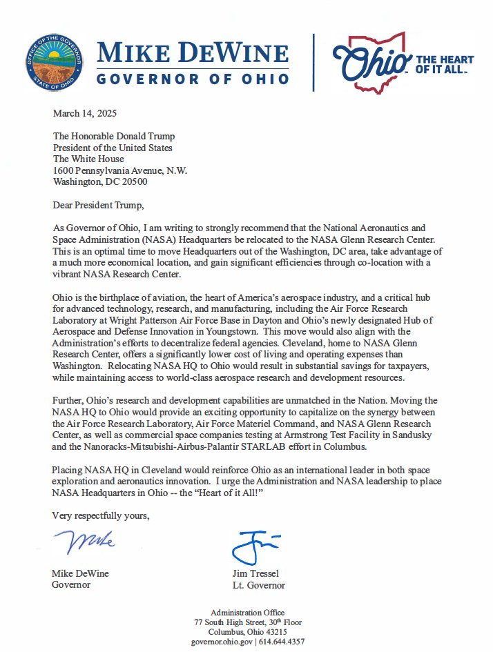 ➡ <a href="/LtGovJimTressel/">Lt. Governor Jim Tressel</a> and I sent a letter to President Trump this week to show our support for relocating <a href="/NASA/">NASA</a>'s headquarters to <a href="/NASAglenn/">NASA's Glenn Research Center</a> in Cleveland. Ohio is the birthplace of aviation, the heart of America's aerospace industry, and a critical hub for advanced technology,