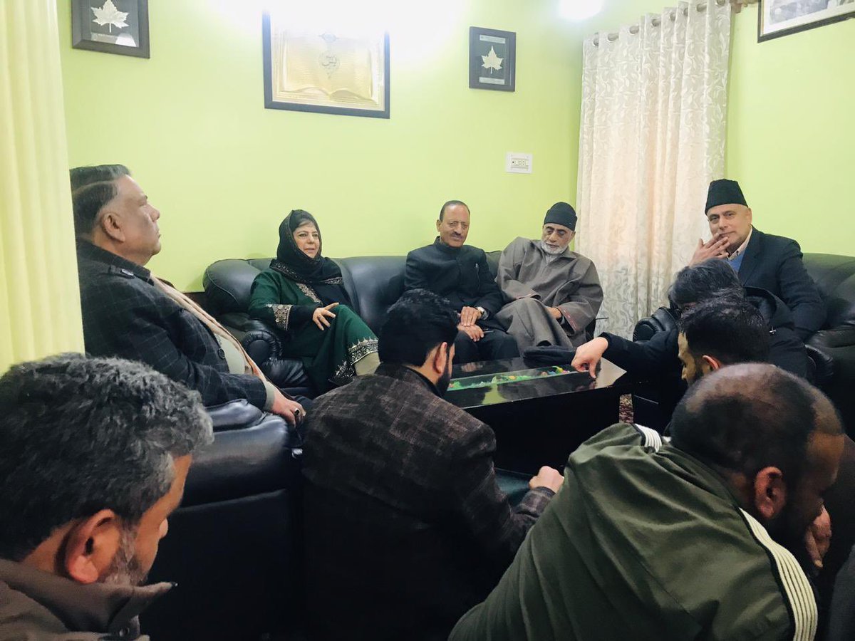 Today, Party President Ms. Mehbooba Mufti Sahiba, accompanied by party senior leadership Mohd Khursheed Alam, Haq Khan, Manzoor Ahmed, Yaseen Bhat, Zuhaib Mir, Arif Laigroo, Dr. Ali Mohammad, and others, visited the residence of Gh. Nabi Lone Hanjura to congratulate him on his