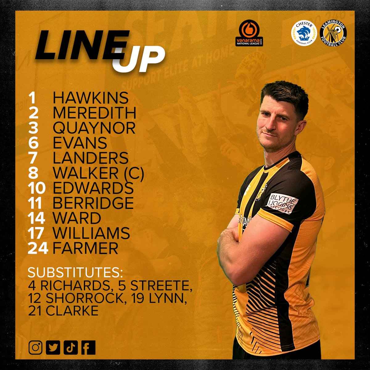 LeamingtonFC's tweet photo. 🔢 Our side in CH1, brought to you by @Element16Media 🤝

#CHELEA https://t.co/IrYqZDOMRg