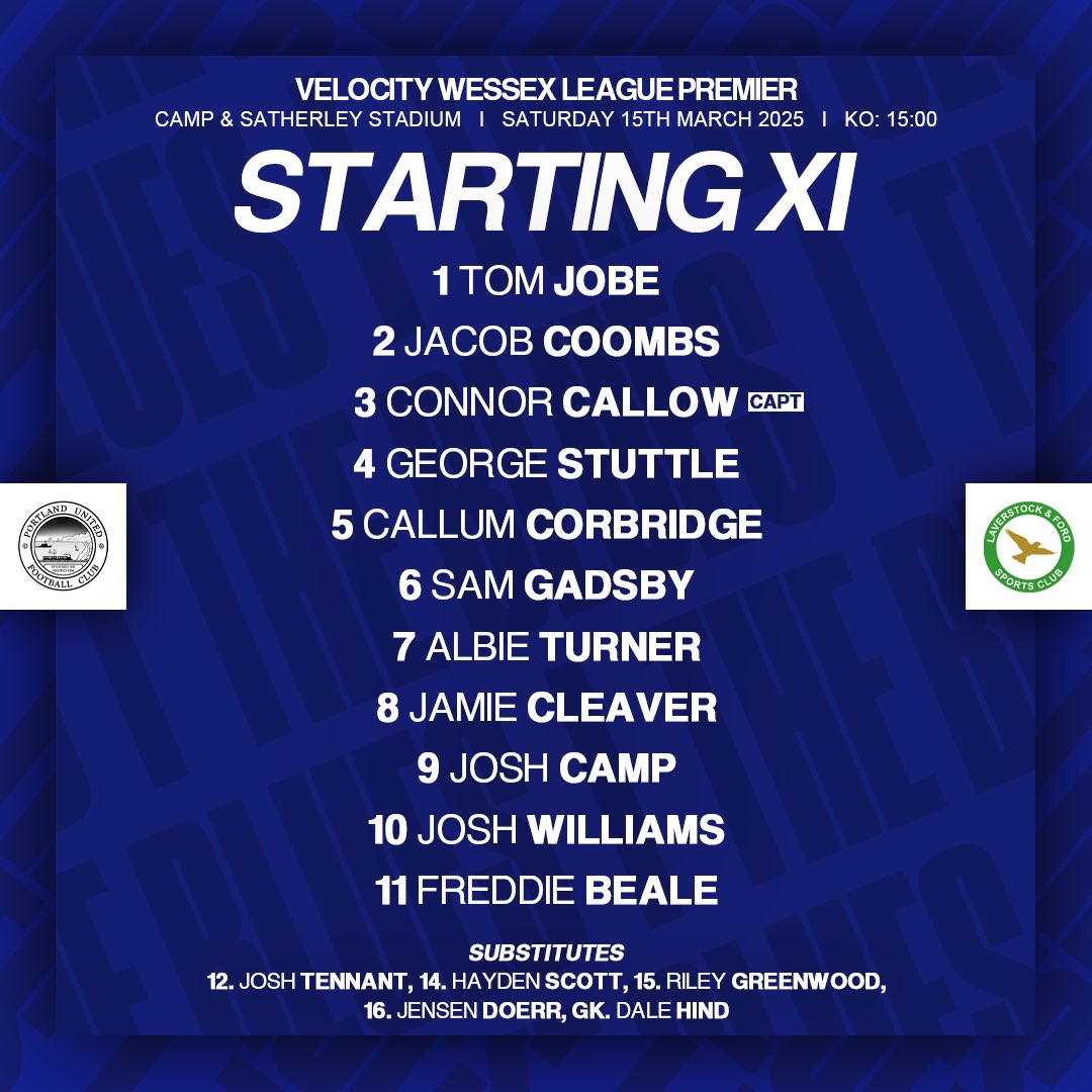 PortlandUnited's tweet photo. 𝗧𝗘𝗔𝗠 𝗡𝗘𝗪𝗦

Here is how The Blues line-up this afternoon as we host @Lavvyfc 

We welcome George Stuttle back into the Starting XI after he missed the last two through injury.

#UTB https://t.co/BSAlY2gEZ2