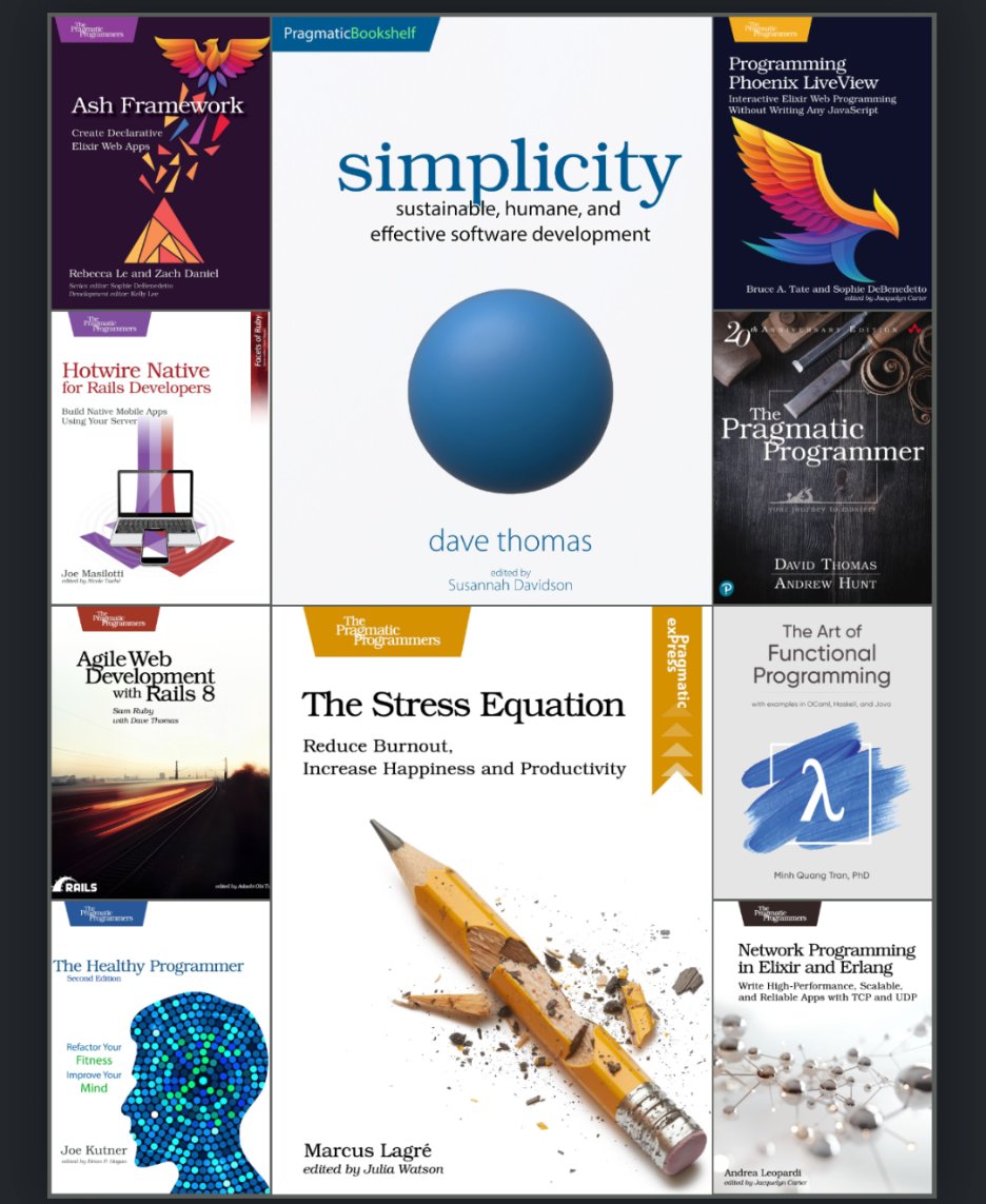 PragmaticProgrammers (@pragprog) on Twitter photo Best Sellers on PragProg this week:
Link in first comment
#1 simplicity
<a href="/pragdave/">Dave Thomas</a>
#2 The Stress Equation
Marcus Lagré
#3 Ash Framework
<a href="/sevenseacat/">Rebecca Le 🌻</a> &
<a href="/ZachSDaniel1/">Zach Daniel</a>
<a href="/joemasilotti/">Joe Masilotti</a> <a href="/samruby/">Sam Ruby</a> <a href="/codefinger/">Joe Kutner</a> <a href="/redrapids/">Bruce Tate: grox.io Founder</a> <a href="/sm_debenedetto/">Sophie DeBenedetto</a> Minh Quang Tran phd <a href="/whatyouhide/">Andrea Leopardi</a> Best Sellers on PragProg this week:
Link in first comment
#1 simplicity
<a href="/pragdave/">Dave Thomas</a>
#2 The Stress Equation
Marcus Lagré
#3 Ash Framework
<a href="/sevenseacat/">Rebecca Le 🌻</a> &
<a href="/ZachSDaniel1/">Zach Daniel</a>
<a href="/joemasilotti/">Joe Masilotti</a> <a href="/samruby/">Sam Ruby</a> <a href="/codefinger/">Joe Kutner</a> <a href="/redrapids/">Bruce Tate: grox.io Founder</a> <a href="/sm_debenedetto/">Sophie DeBenedetto</a> Minh Quang Tran phd <a href="/whatyouhide/">Andrea Leopardi</a>