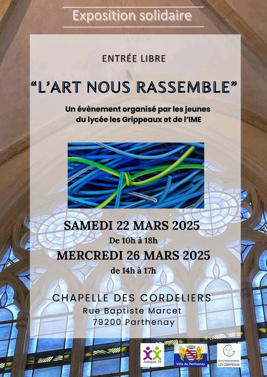 Exposition solidaire à la chapelle des Cordeliers ✨"L'art nous rassemble"✨Les term AEPA et les jeunes de <a href="/ADAPEI_79/">ADAPEI79</a> vous proposent de découvrir leurs créations. Un évènement qui mobilise pour les lycéens de nombreuses compétences.
🗓️ Samedi 22/03 10h-18h mercredi 26/03  14h-17h