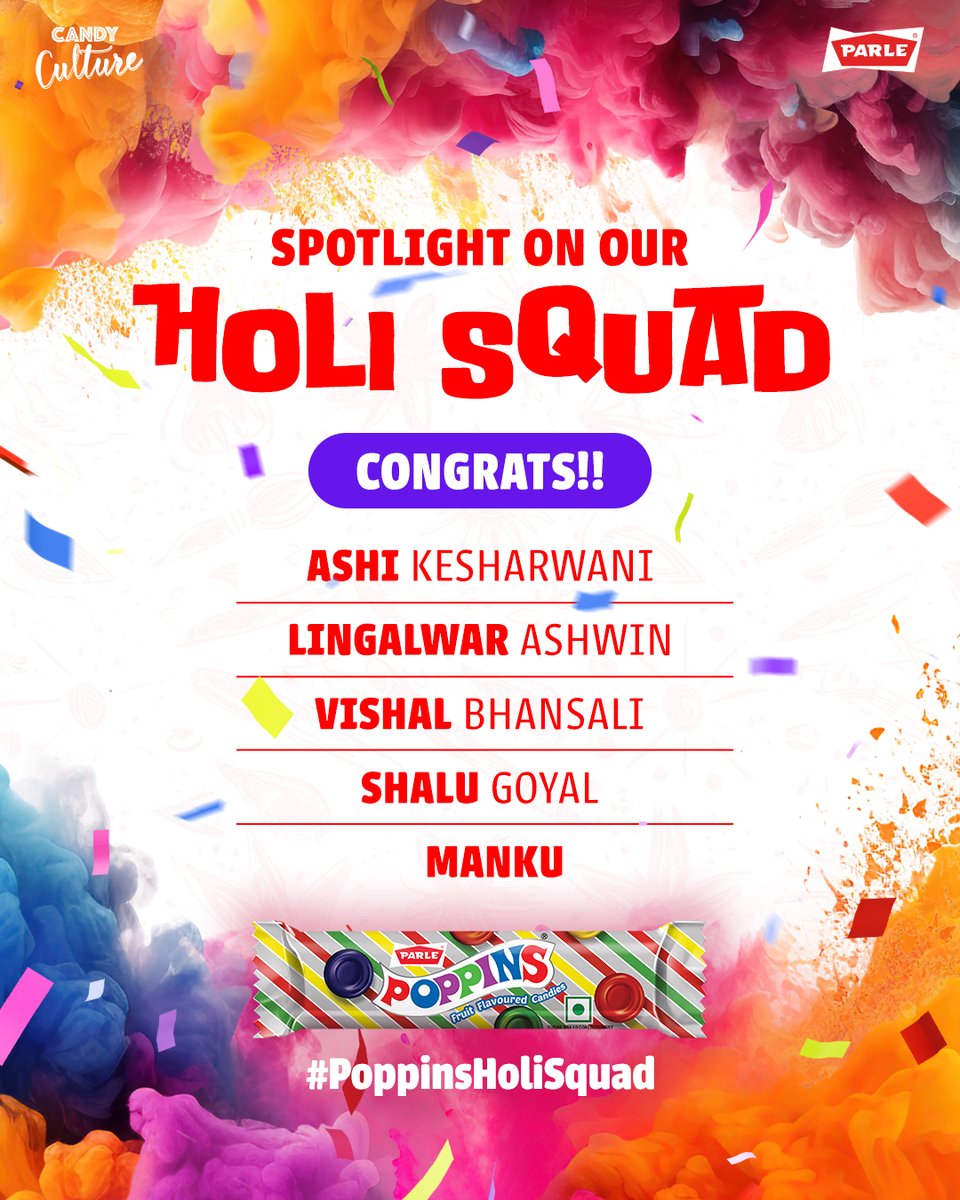 ParleCandy's tweet image. We're super excited to announce the winners of the Poppins Holi Squad challenge! ​

Our top 5 winners who truly brought their Holi personalities to life.

Congratulations to the champions. DM us to claim your prize! ​

#Poppins #PoppinsHoliSquad #Winners #WinnerAnnouncement