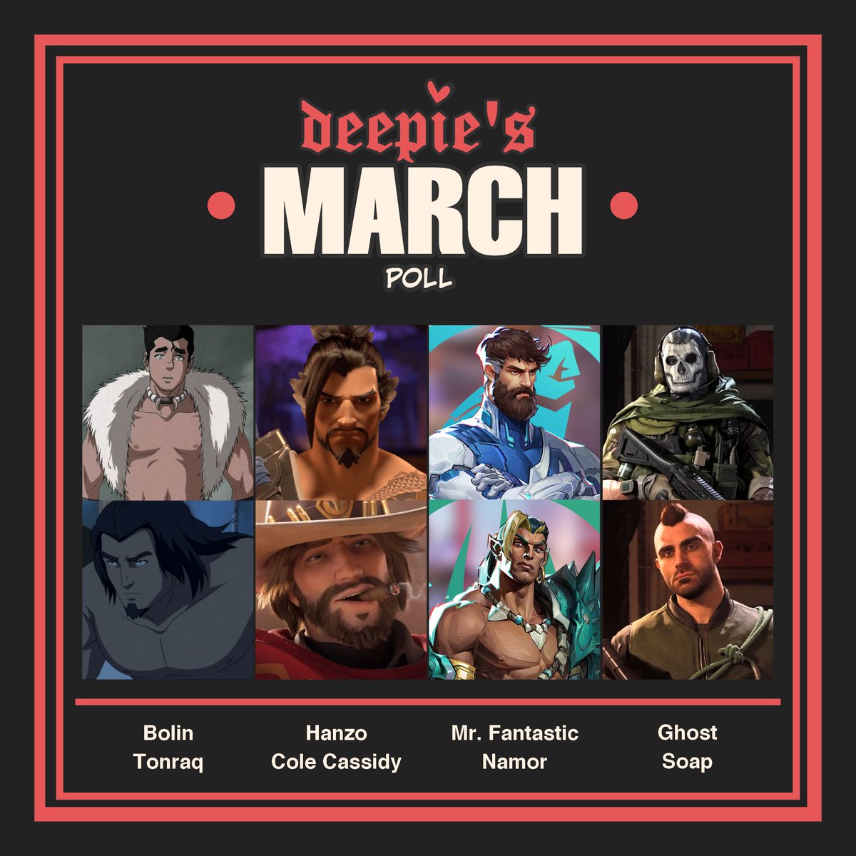 It's been a year since we started the Monthly Rewards! 🥳

Here are the characters for this month's 1 year special poll, and those with more votes will be chosen as the Hunks of the Month to get an exclusive illustration + variants

Make sure to vote for your favorite below! 🔥💖