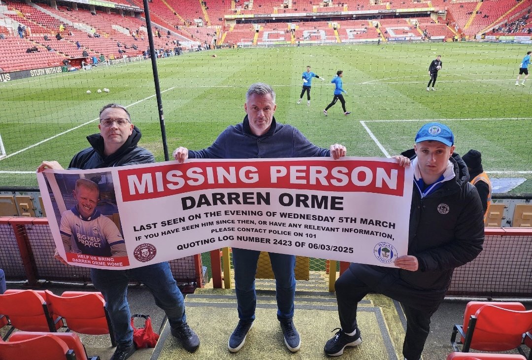 PKendrickWIG's tweet photo. The Darren Orme banner is in the away end this afternoon and has reached @Carra23 already 💙❤️... #wafc https://t.co/8Wdc8H32yp