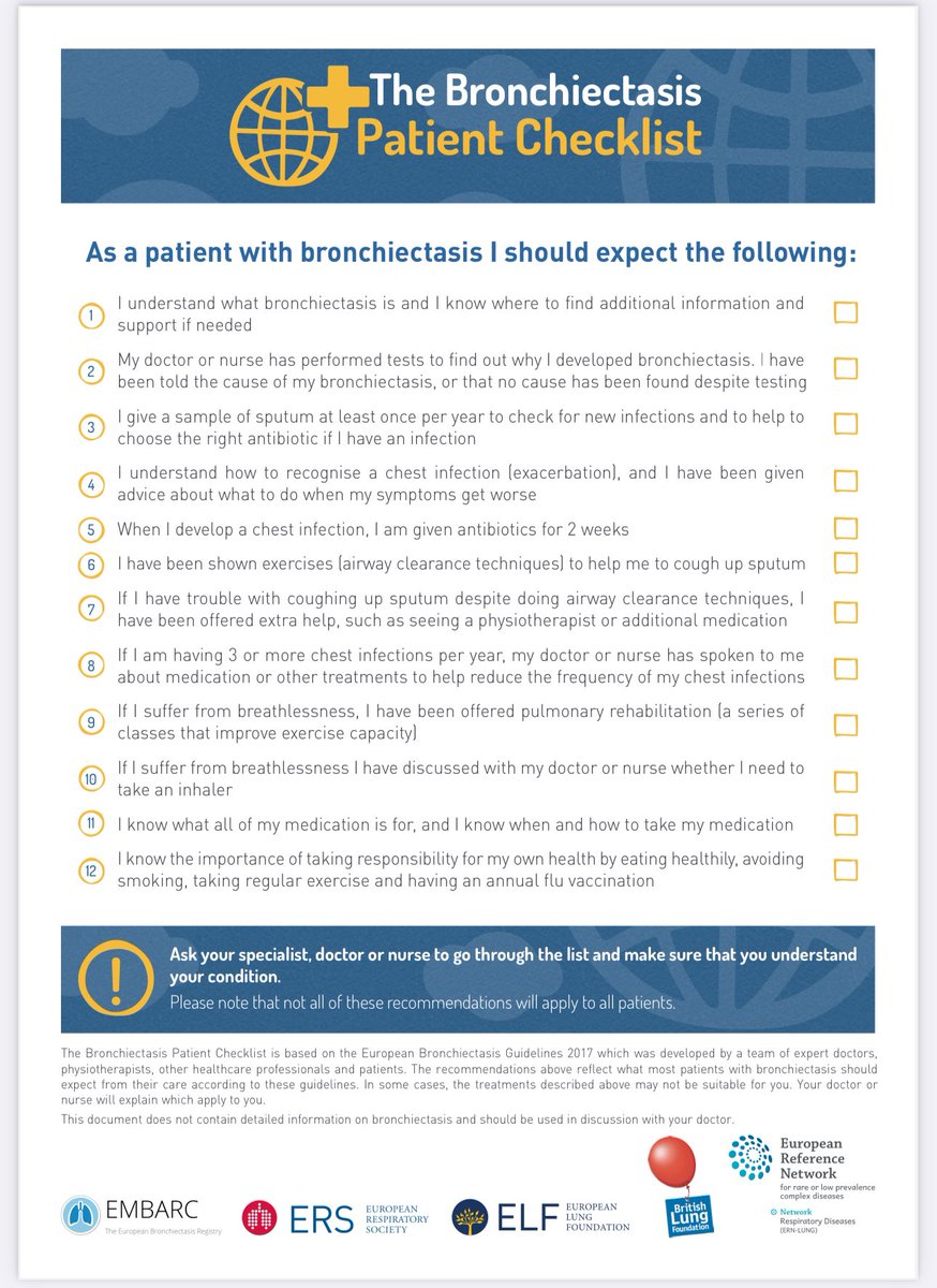 European #Bronchiectasis Patient Conference suggestion: bring the checklist to your doctor!!! Am I getting ALL of these recommendations??