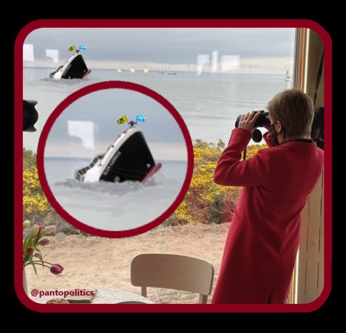 PantoPolitics22's tweet photo. @BBCScotlandNews Nicola Sturgeon watching on
... #ThatSinkingFeeling
As divers assess crack in hull of new Glen Sannox... #FerryFiasco https://t.co/bXlKcL7Pai