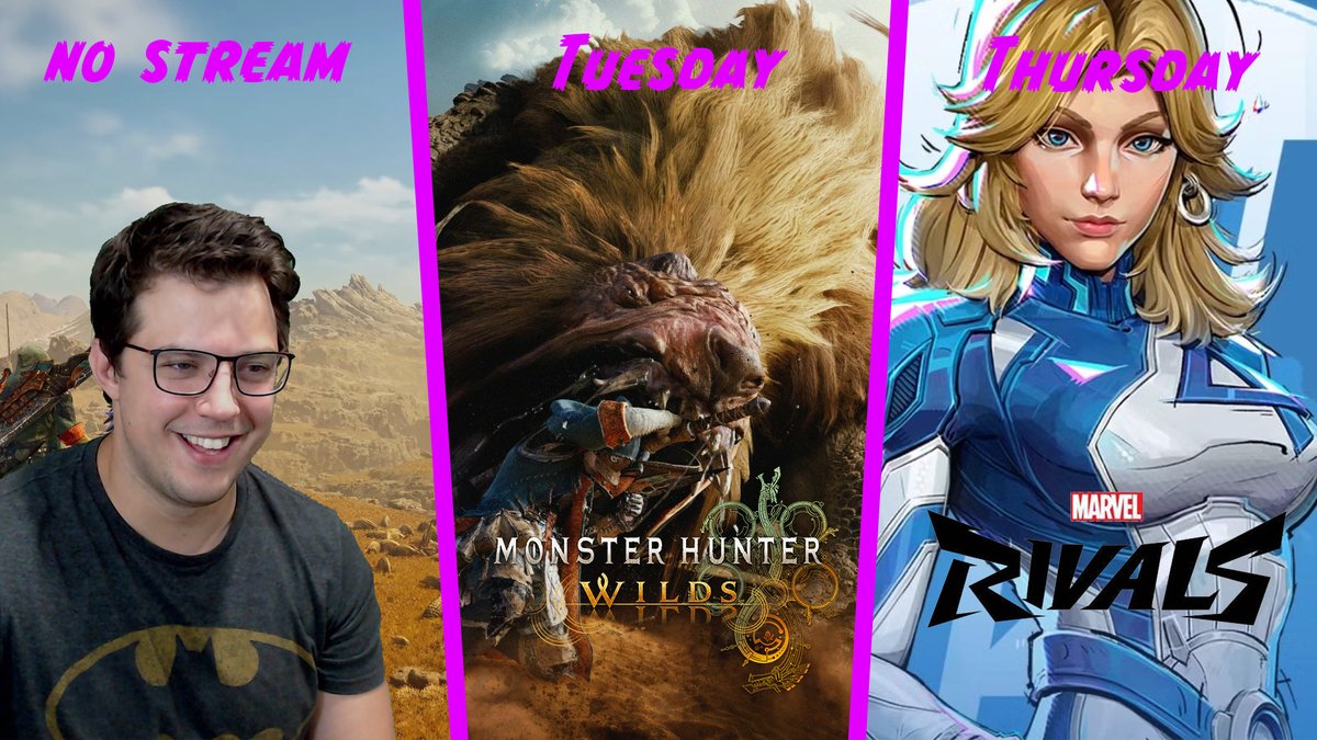 This week on MrJ ... 8:30 pm cst!

Sunday - No Stream

Tuesday - Monster Hunter Wilds HR88

Thursday - Marvel Rivals (Invisible Woman main)