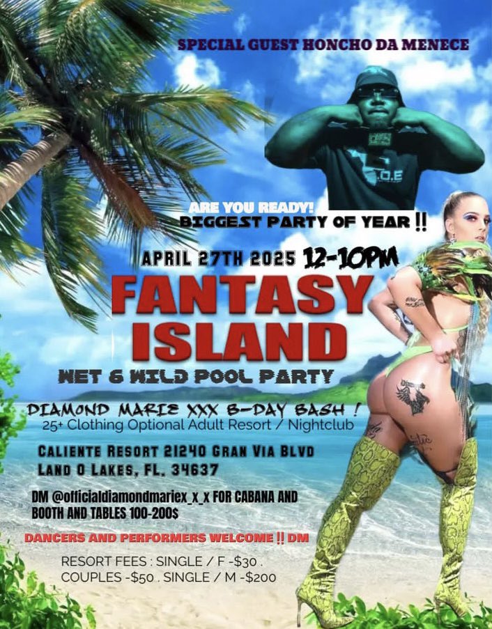 bbchoncho187's tweet photo. PSA💰🚨WE CALLING ALL THE FREAKS AND PARTY ANIMALS FOR THE BIGGEST CELEBRITY LIFESTYLE TRIPLE X NUDE POOL PARTY OF THE YEAR🚨💰💎. APRIL 27TH, 2025 CATCH ME IN FLORIDA AT THE CELEBRITY PLAY BUNNY DIAMOND MARIE’S BIG ASS FANTASY ISLAND WET & WILD NUDE BIRTHDAY PARTY🌟. DM @DiamondmarieENT FOR Booth table at the NIGHT CLUB and cabana BY the POOLS ‼️‼️‼️‼️

Date: April 27th, 2025
Time: 12pm-10pm 
Location: Caliente Club & Resorts in Land O’ Lakes, Florida 
Age: MUST HAVE ID AND BE 25+. 

PS: She’s Also Looking For Dancers, Performers, Promoters, & Party Hosts If y’all interested as well

❤️Like, ♻️Retweet , & 💭Commet If you fwm, Celebrity Play Bunny Diamond Marie, or Interested In Going/Attending 💯🔥🔥