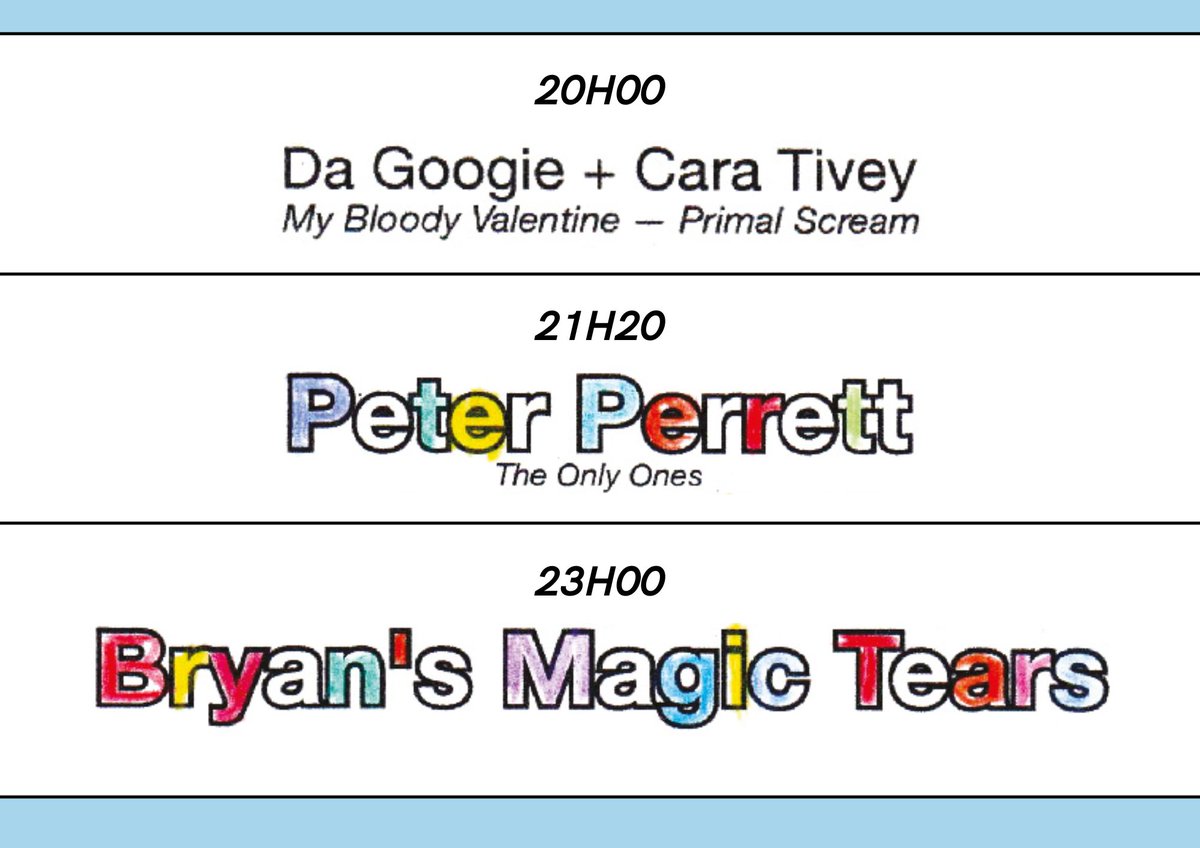 ⌚️ Synchronisation des montres ! 

Voici les horaires de ce soir : 
🚪 Ouverture des Portes - 19h00 
👥 Da Googie + Cara Tivey - 20h00 
😎 Peter Perrett - 21h20 
💊 Bryan's Magic Tears - 23h00 

#Festival #BordeauxRock