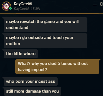 CryptonMVX's tweet photo. @RiotSupport I get that it wasn't the best game, but texting me like that in direct messages after the game is too much in my opinion. https://t.co/L2ys8PMrlg