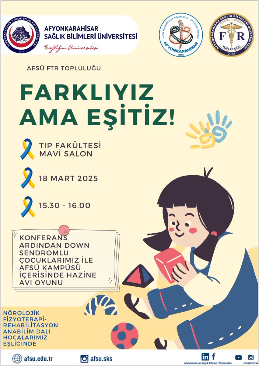 AFSÜ FTR Topluluğu olarak 21 Mart Down Farkındalık Günü kapsamında Afyonkarahisar Down Sendromlular Yardımlaşma ve Dayanışma Derneği katkılarıyla “Farklıyız Ama Eşitiz!” etkinliğine davetlisiniz.🤍😇

“DOWN SENDROMU BİR HASTALIK DEĞİL, FARKLILIKTIR!”

#sağlığınüniversitesi