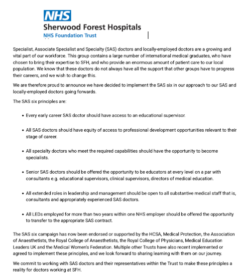 The SAS Collective (@thesascollect) on Twitter photo Happy to see another NHS Trust <a href="/SFHFT/">Sherwood Forest Hospitals NHS FT</a> endorsing #SASsix and committing to making it a reality for their SAS doctors.
Doing what's right, congratulations <a href="/Simondroe/">Simon Roe 💙</a> <a href="/totallytigers/">David Selwyn</a>, Rob Simcox, Dr Ritu Kothari. Happy to see another NHS Trust <a href="/SFHFT/">Sherwood Forest Hospitals NHS FT</a> endorsing #SASsix and committing to making it a reality for their SAS doctors.
Doing what's right, congratulations <a href="/Simondroe/">Simon Roe 💙</a> <a href="/totallytigers/">David Selwyn</a>, Rob Simcox, Dr Ritu Kothari.