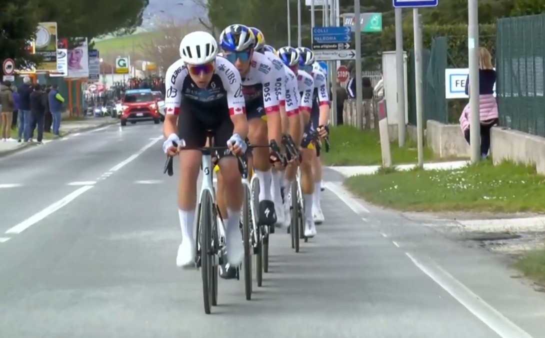 CanadianCycling's tweet photo. Another day of Nickolas Zukowsky driving the peloton for teammate Tom Pidcock #TirrenoAdriatico2025 https://t.co/6RTpPnM3MP