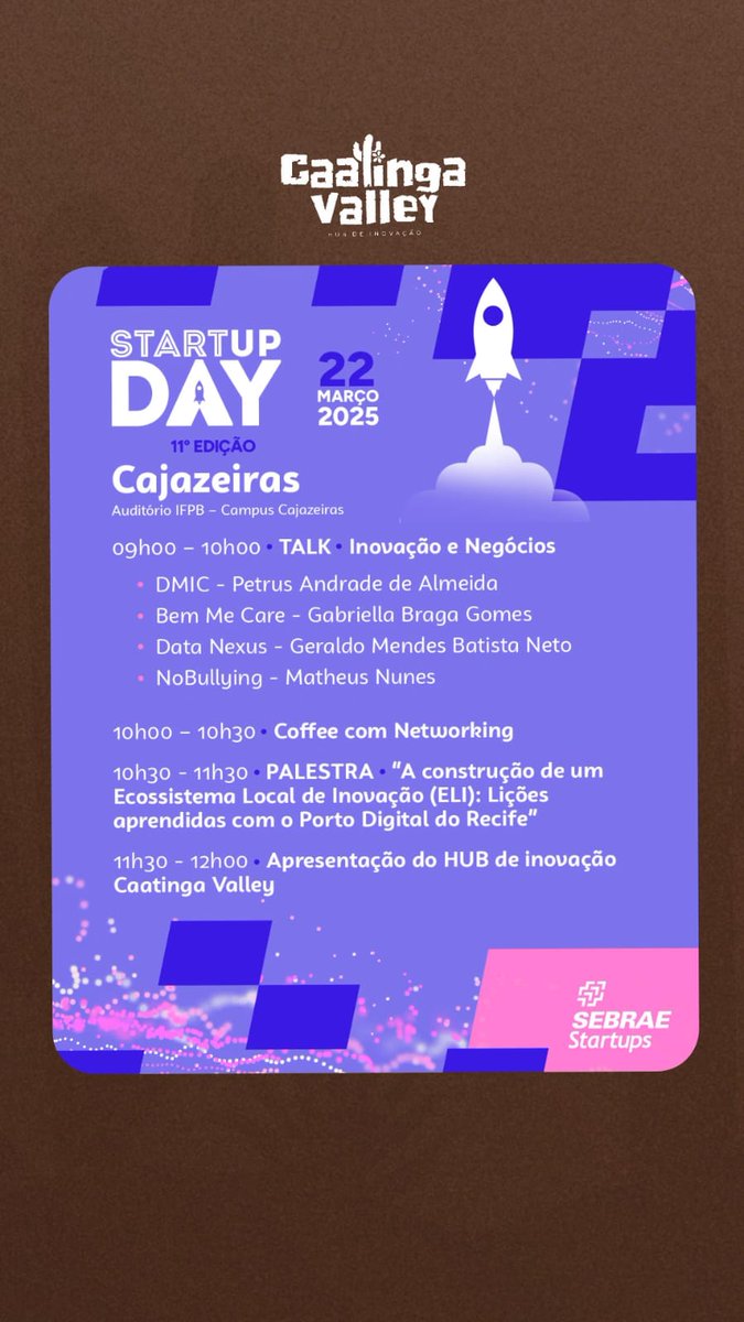 CaatingaValley's tweet photo. 🚀 Empreendedores, ATENÇÃO! 🚀

O #Startup Day 2025 está chegando e é a sua chance de turbinar seus projetos! 

Seja você um fundador, um futuro empreendedor ou alguém interessado em  #inovação, temos um encontro marcado no dia 22 de março! 💡 

#SebraeParaíba #SebraeStartups https://t.co/N9jkllFeiM