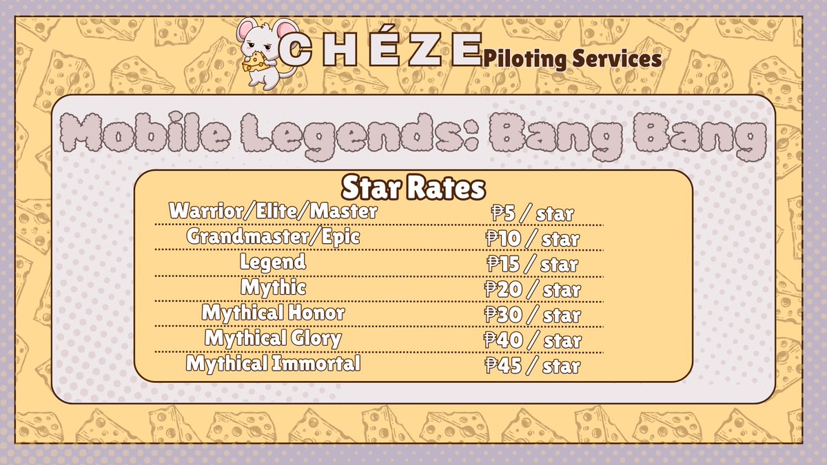 cheze_piloting's tweet photo. Mobile Legends: Bang Bang service prices 🧀🐭
. . . . .  Fill up form: https://t.co/zr6L9ZI5lK

tags: #MLBB #MobileLegends #mobilelegendsbangbang https://t.co/imgehoogYi