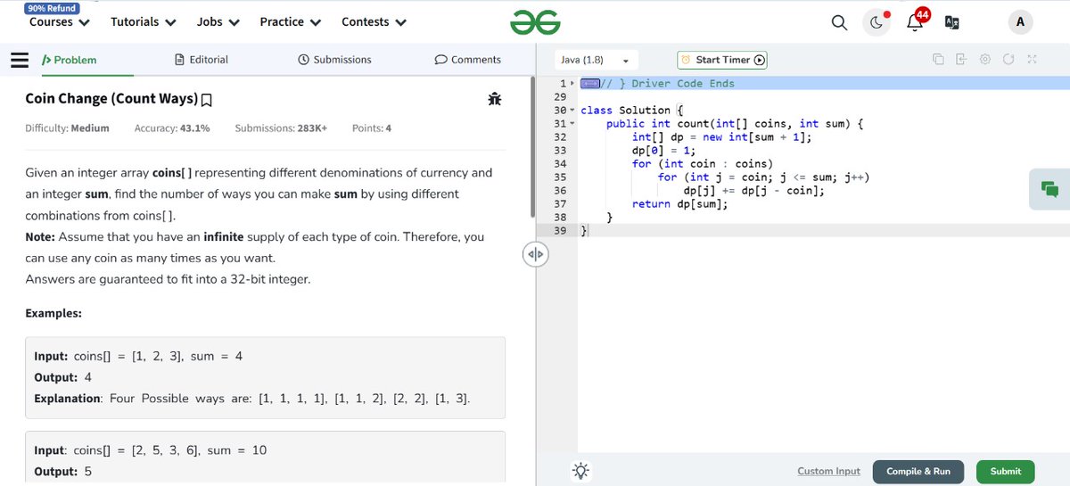 Durjaya__'s tweet photo. Started with the GFG 160 challenge.
Day 120:
Problem Solved: Coin Change (Count Ways)

#gfg160 #geekstreak2024 #womenintech #gfg160 #geeksforgeeks #CodingJourney #100daysofcoding #learndsa #challenge #GEEKS #letsconnect #160DaysOfCode #GEEKSRULE #ProblemSolving #DSA https://t.co/JN1GIRIyWG